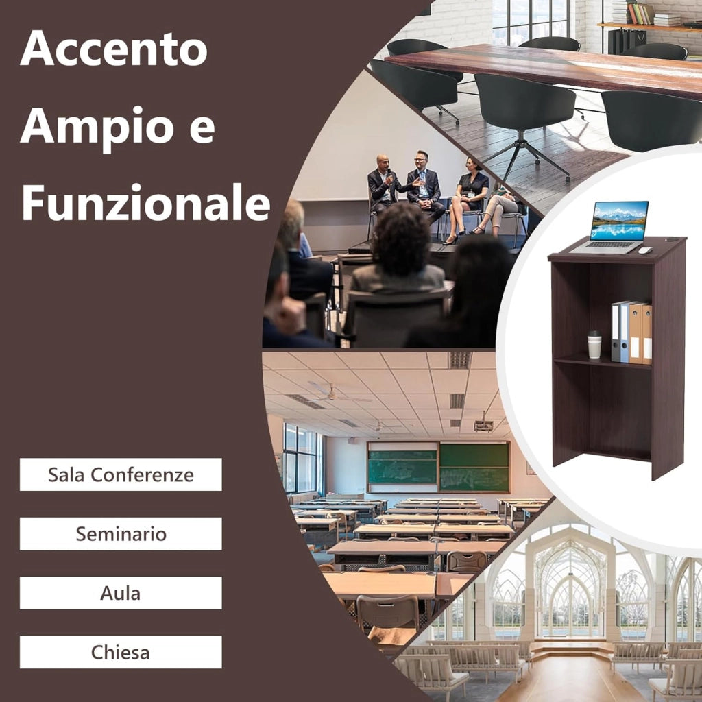 COSTWAY Leggio per Oratori, Podio per Conferenza con Ripiani e Fori per Cavi, Leggio da Pulpito in Legno per Aula, Ufficio, Ristorante e Seminario (Marrone)
