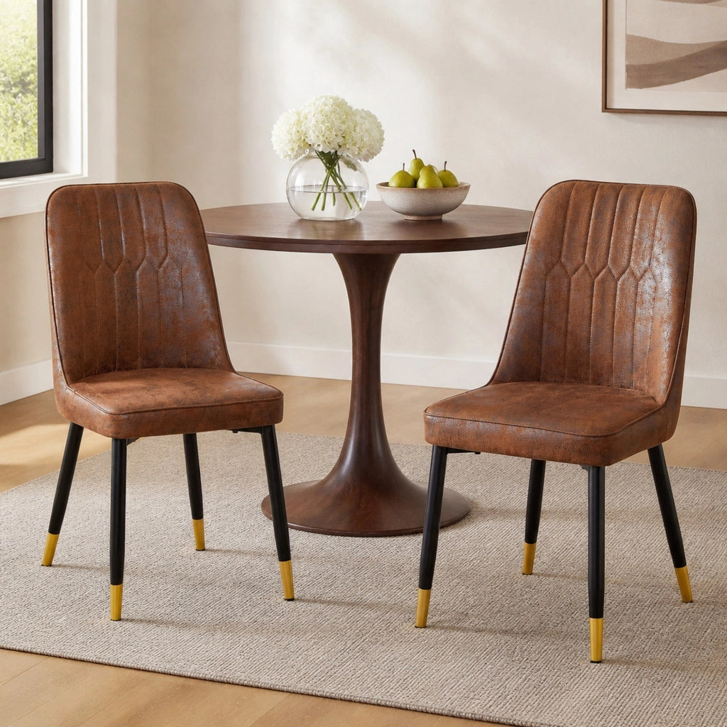 Sedia da pranzo marrone con schienale ergonomico e gambe in metallo nero antiscivolo