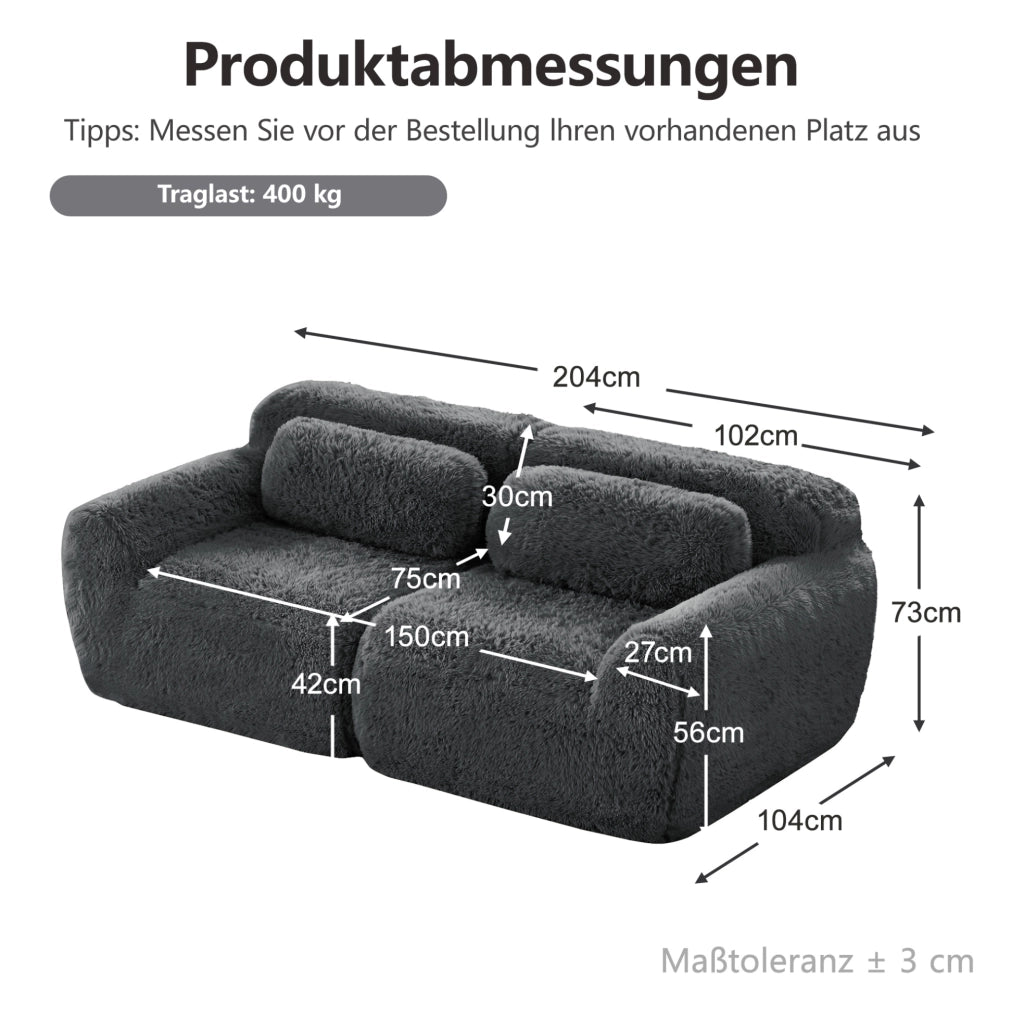 Divano modulare angolare in tessuto peluche grigio; senza montaggio
