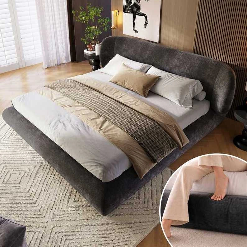 Letto matrimoniale imbottito 140 x 190 cm in ciniglia con rete a doghe e testiera; grigio