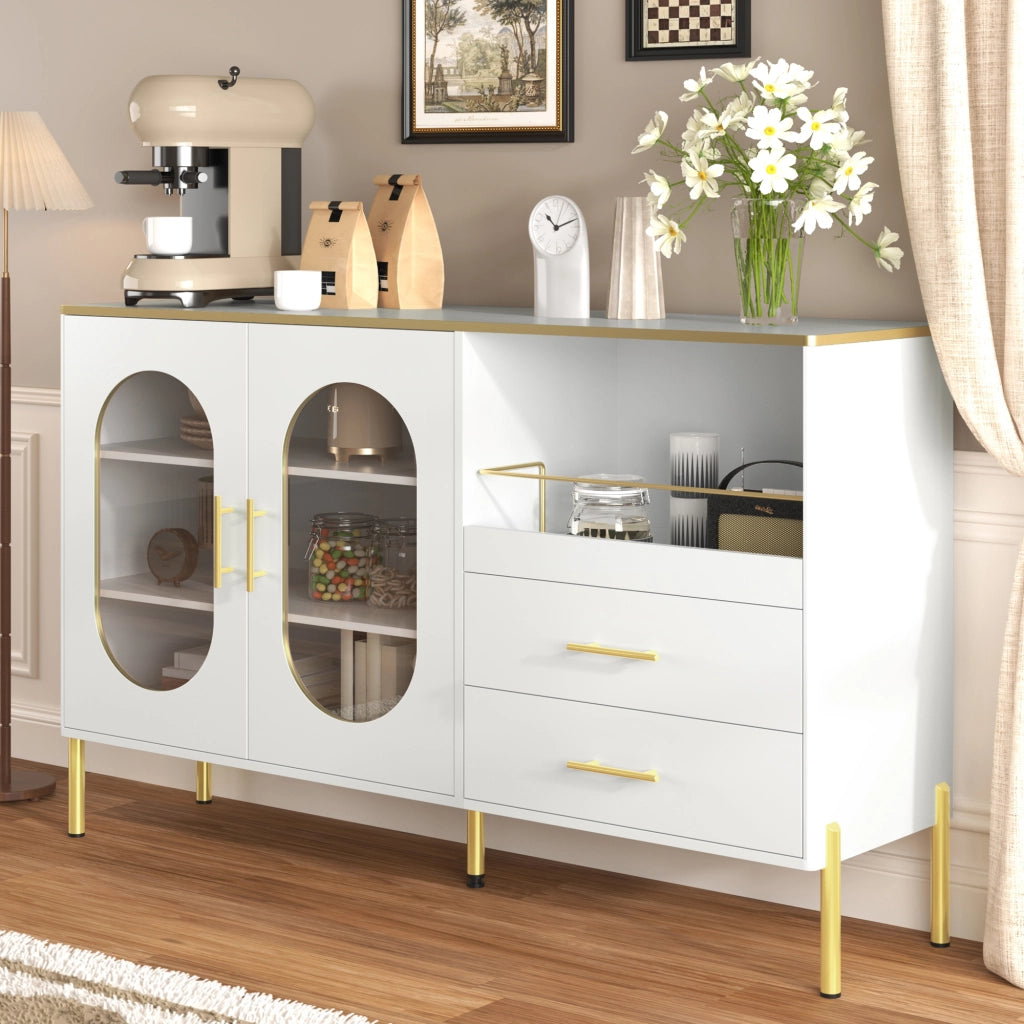 Madia con 2 Cassetti e 2 Ante in Vetro; Passacavi; per Soggiorno Sala da Pranzo; in MDF; 140×38×90 cm; Bianco