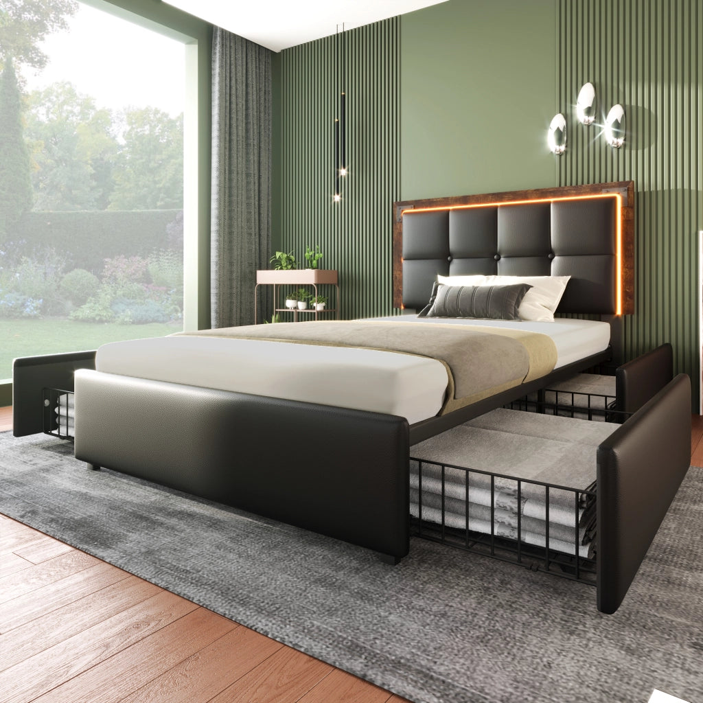 Letto Singolo 1 Posto con LED, 4 Cassetti e Testiera Regolabile 90 × 200 cm, Senza Materasso, Nero