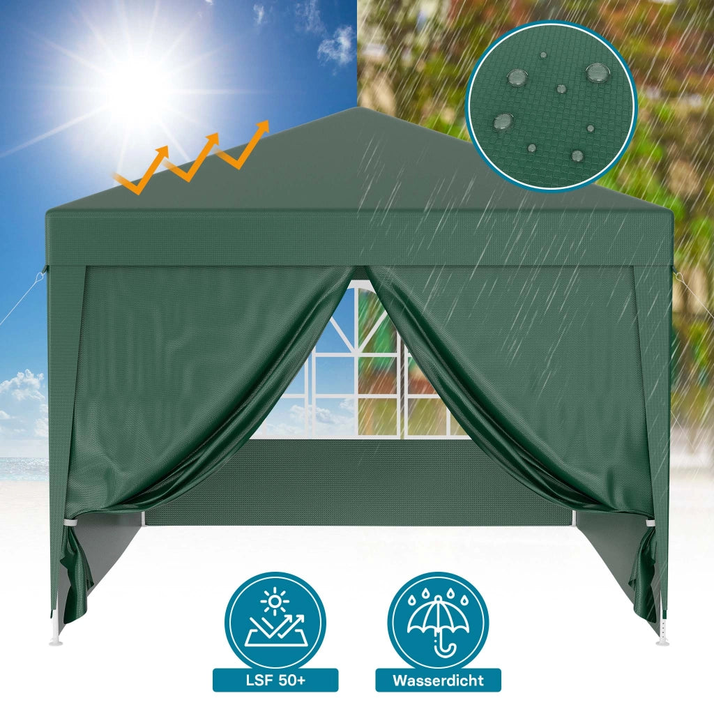 Gazebo 3 x 3 m in verde con protezione UV 50+, tendone da giardino con pareti laterali rimovibili, tenda da festa con finestre, ad esempio per terrazze e festival