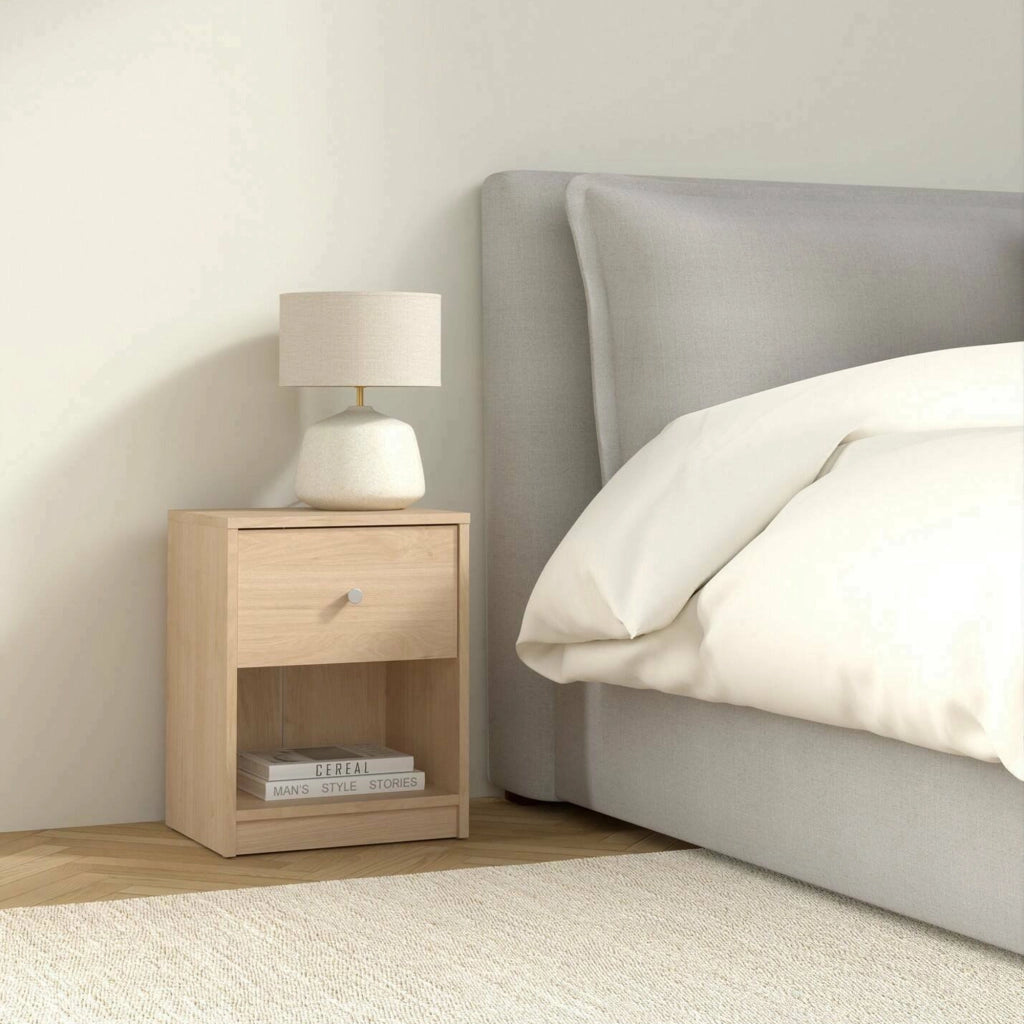 Comodino Kastri, Comò basso, Tavolino da notte, Mensola da letto, 38x30 h48 cm, Rovere