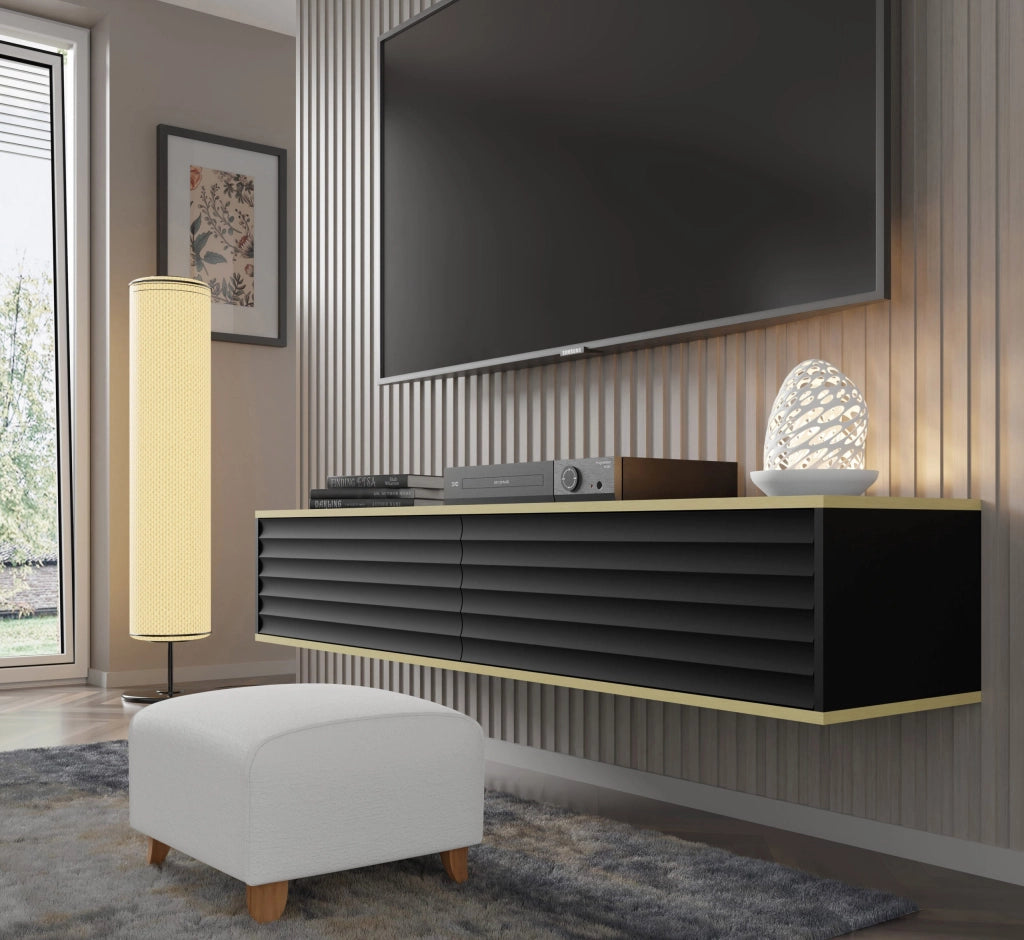 Mobile tv sospeso WABI cm 180x40x33h nero opaco bordo oro