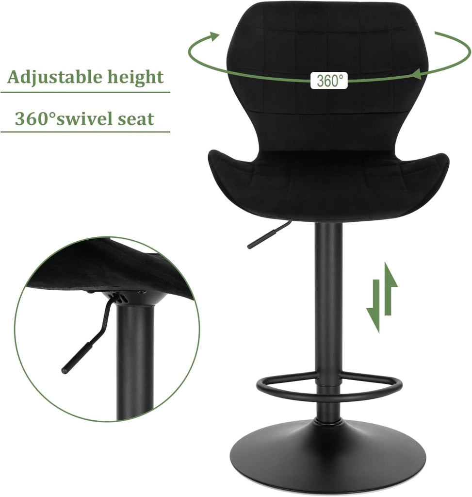 Set di 1 Sgabello da Bar con Schienale e Poggiapiedi Girevoli a 360° Sedia Alta da Cucina con Seduta Regolabile tra 60-82cm in Velluto e Metallo Nero BH324sz-1