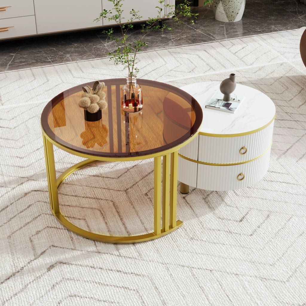 Tavolino da caffè set di 2; 70x70x45 cm e 50x50x40 cm; design rotondo con 2 cassetti; vetro e MDF bianco