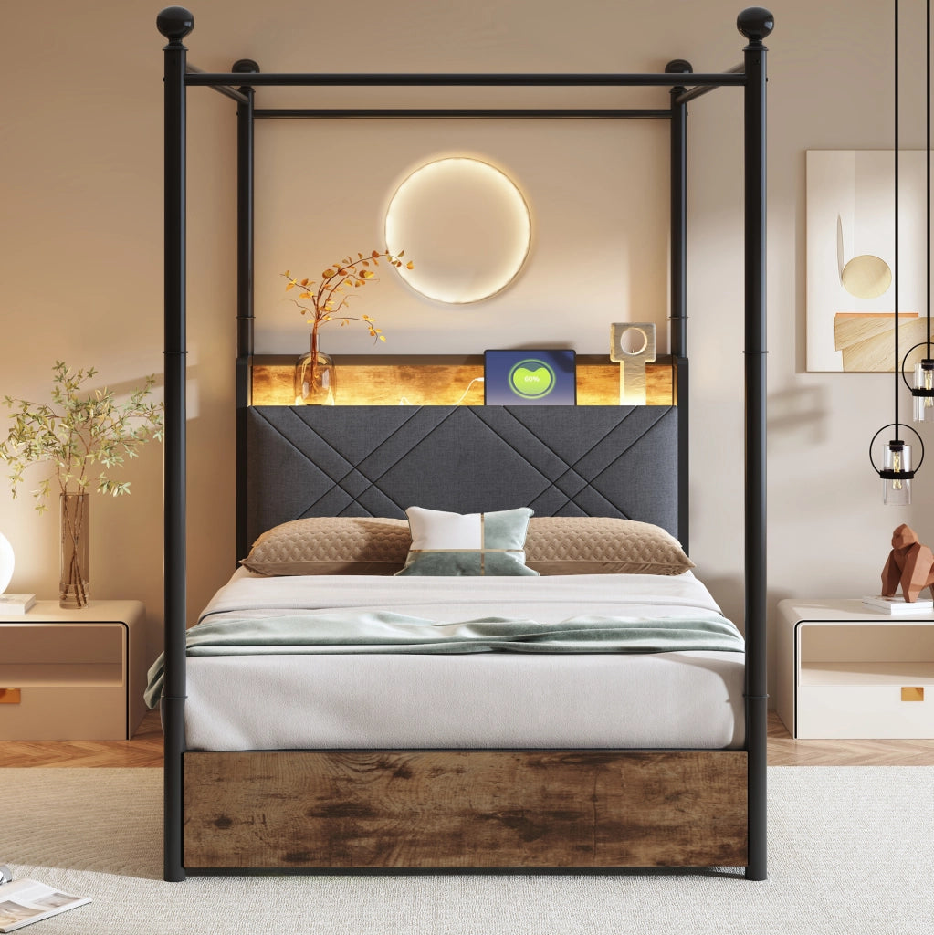 Letto singolo multifunzione 90x190 con LED, USB/Type-C e contenitori