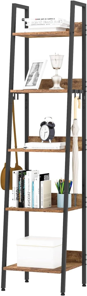 Libreria a 5 Ripiani, Scaffale con 4 Ganci Industriale, Scaffale a Scala in MDF e Metallo per Soggiorno, Cucina, Studio, Ufficio,Nero,40x36x170cm RGB9289hov