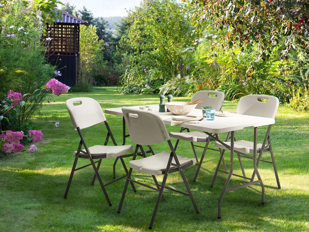 Set da pranzo da giardino a 4 posti Materiale sintetico bianco 152 x 74 Tavolo e 4 sedie pieghevoli con gambe in metallo