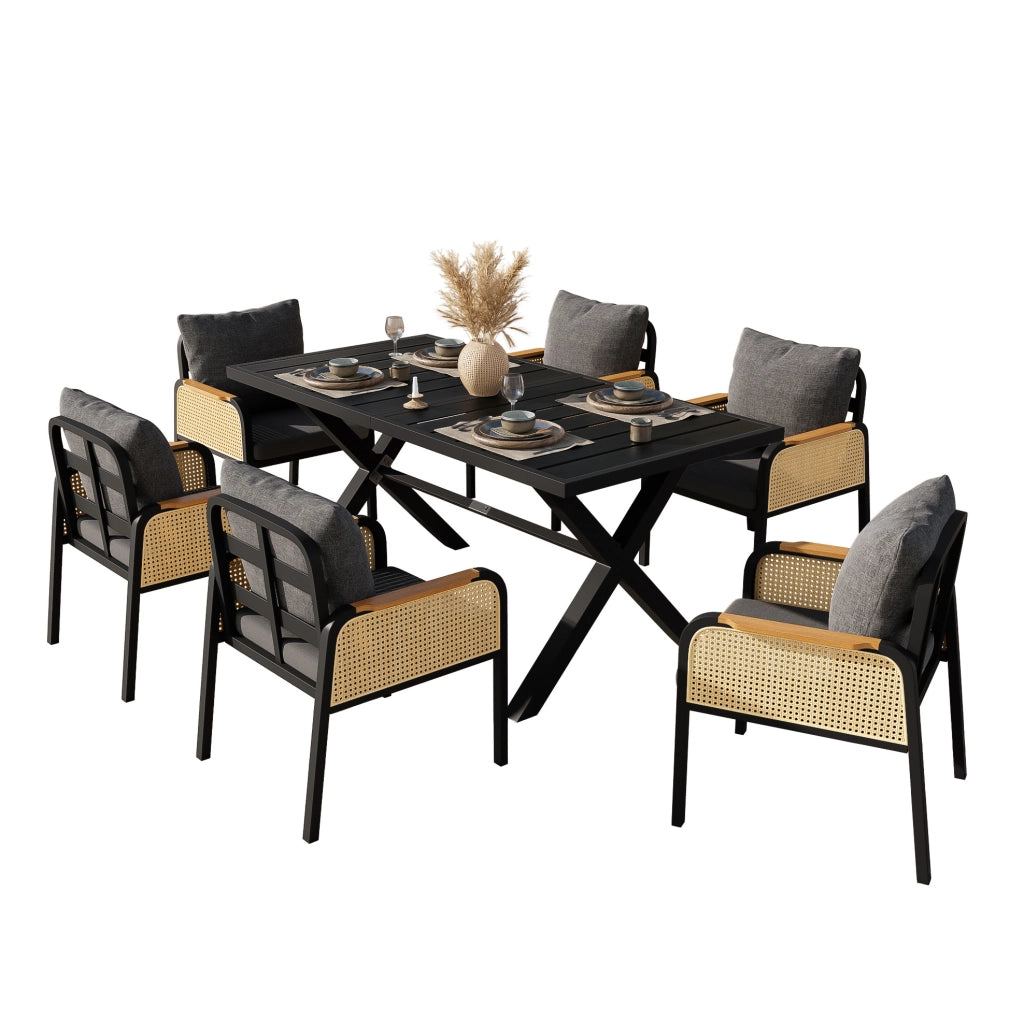 Set da pranzo da giardino per 6 persone con tavolo 148x80x75 cm e sedie in nero e naturale