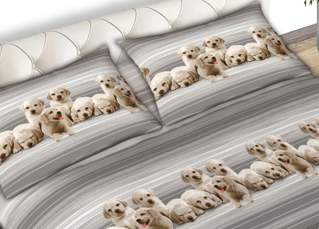 Completo Lenzuola In 100% Cotone Made In Italy Dis. Labrador Colore Grigio C.N. - Matrimoniale - Grigio