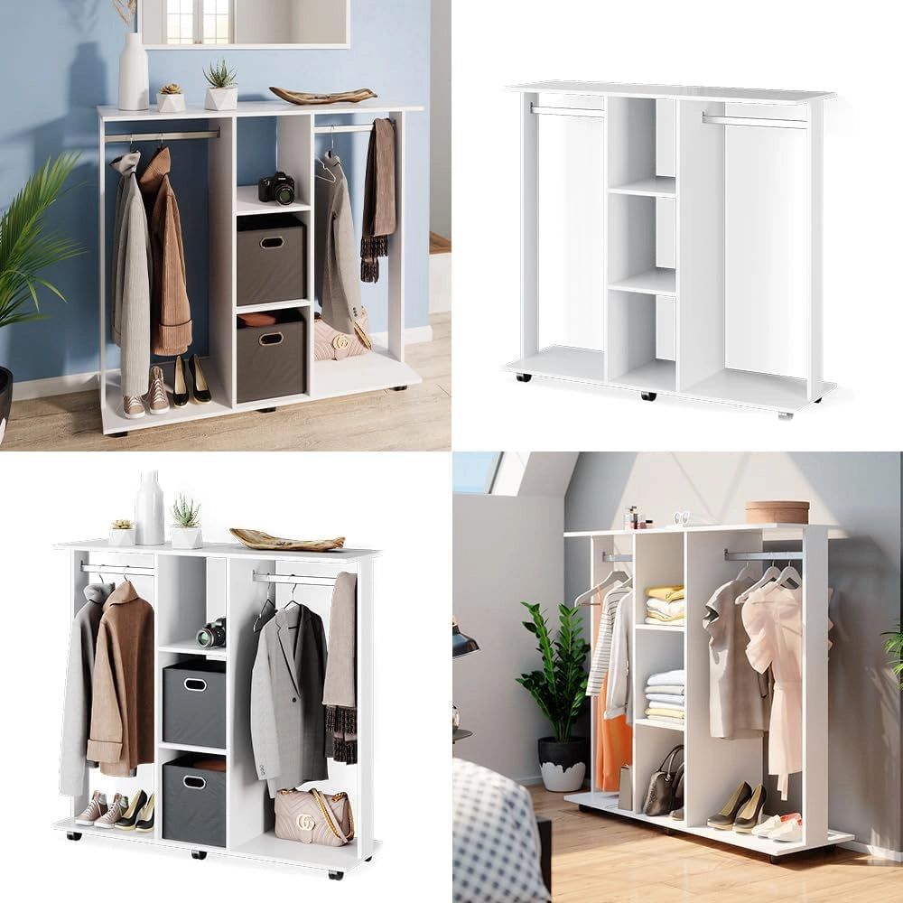 Armadio multifunzione Robbie, Bianco, 130 x 120 cm, su ruote per posizionamento flessibile e facile spostamento