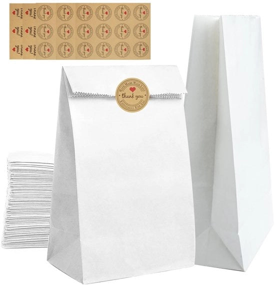 Borse di Carta 50 Unità - Borse di Carta Bianche con Fondino Rafforzato - Piccole Borse di Carta - Ideali per Matrimonio/Festa di Natale - Progettate per essere Leggere - Borse di Carta da Regalo
