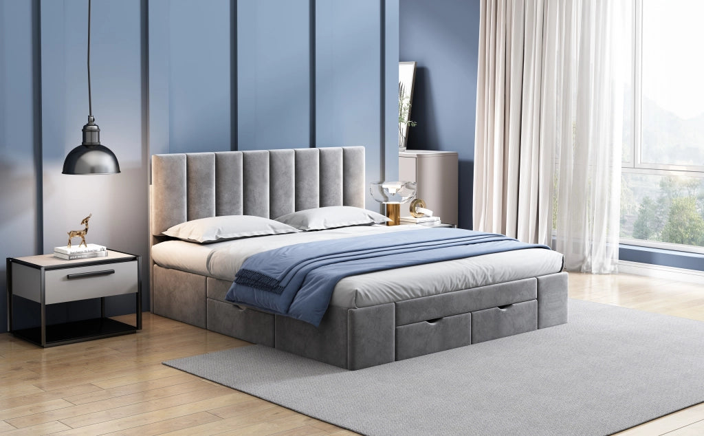 Letto matrimoniale imbottito in velluto con testiera regolabile e 4 cassetti; grigio; 160x200 cm