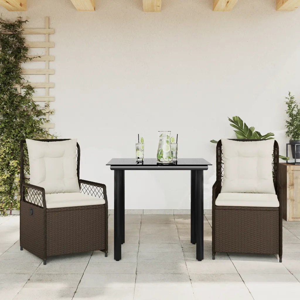 Set da Pranzo da Giardino 3pz | Set Salotto da Giardino con Cuscini in Polyrattan Marrone