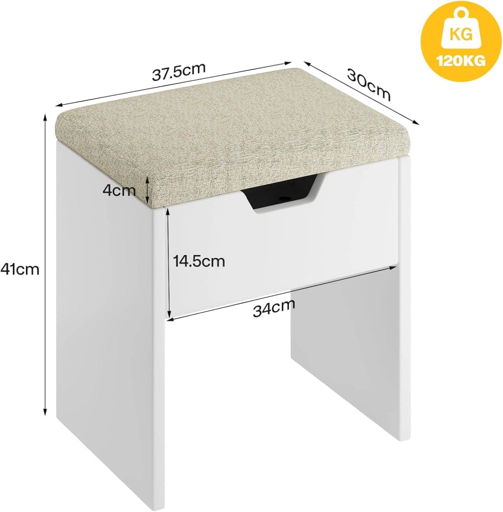 Sgabello Toeletta Trucco con Cuscino,Sgabello Per Trucco con Spazio Di Stoccaggio,Sedia da Make Up per Camera da Letto,Piedeappoggio,Bianco