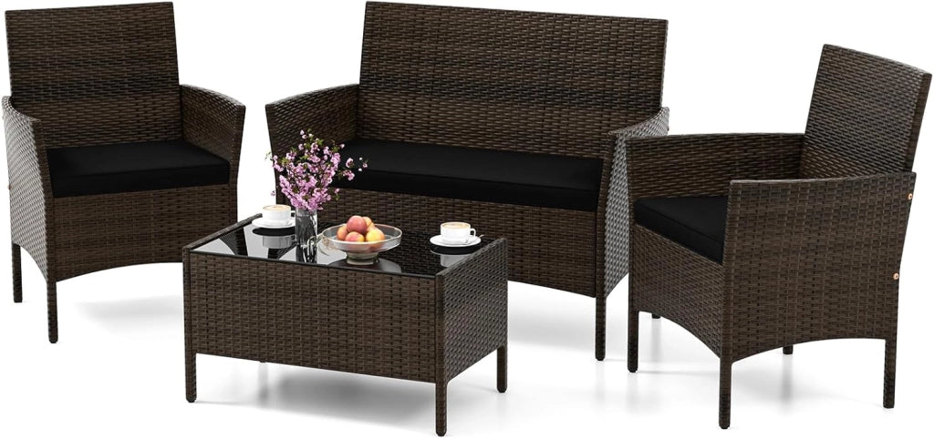 Salotto da Giardino Esterno 4 Pezzi, Set Giardino Esterno con Divanetto, 2 Poltrone e Tavolino da Caffè in Vetro Temperato, Salotto da Patio con Cuscini per Balcone, Veranda (Marrone+Nero)