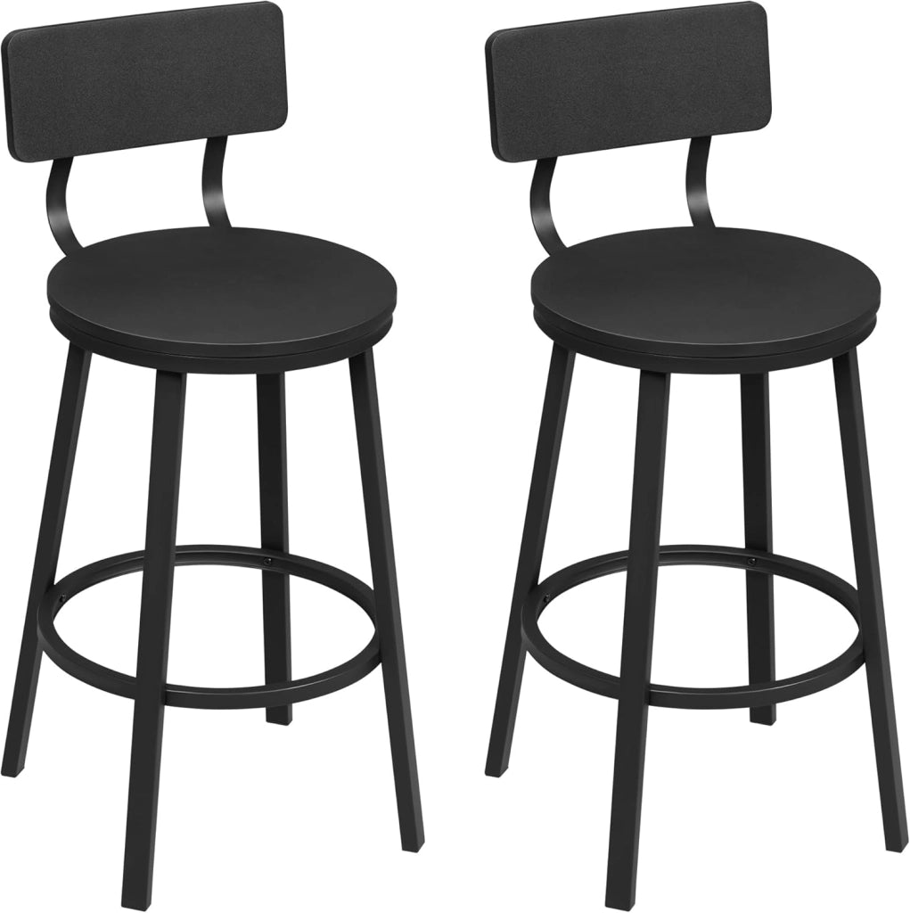 Sgabelli Cucina Set di 2, Sgabelli da Bar per Colazione, con Poggiapiedi e Schienale, Struttura in Metallo, Nero