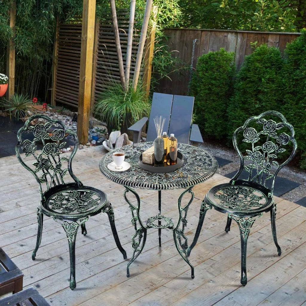 Set Tavolino e Sedie da Giardino, Set da Bistro con Sedie in Alluminio e Ghisa, Mobile da Esterno con Tavolino Rotondo e 2 Sedie, Tavolino Portato 45 kg, Sedia Portata 150 kg (Verde)