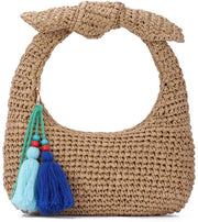 Borsa a forma di mezzaluna in rafia elegante per donna con decorazione a strisce per estate, ideale per matrimoni e feste boho, confezionata in rafia per una vacanza al mare