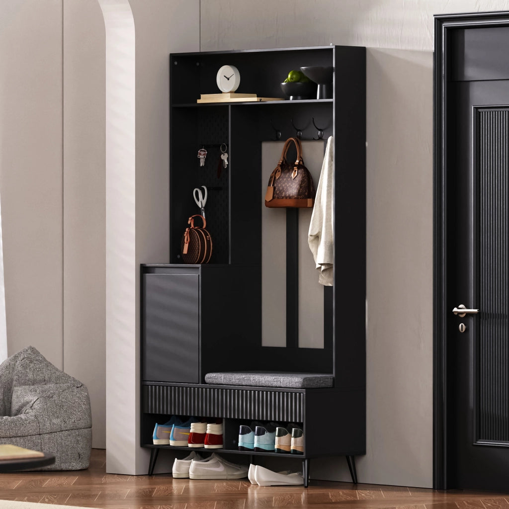 Mobile ingresso multifunzione con panca, 4 ganci, 2 cassetti e vano contenitore, nero, 100 x 35 x 180 cm