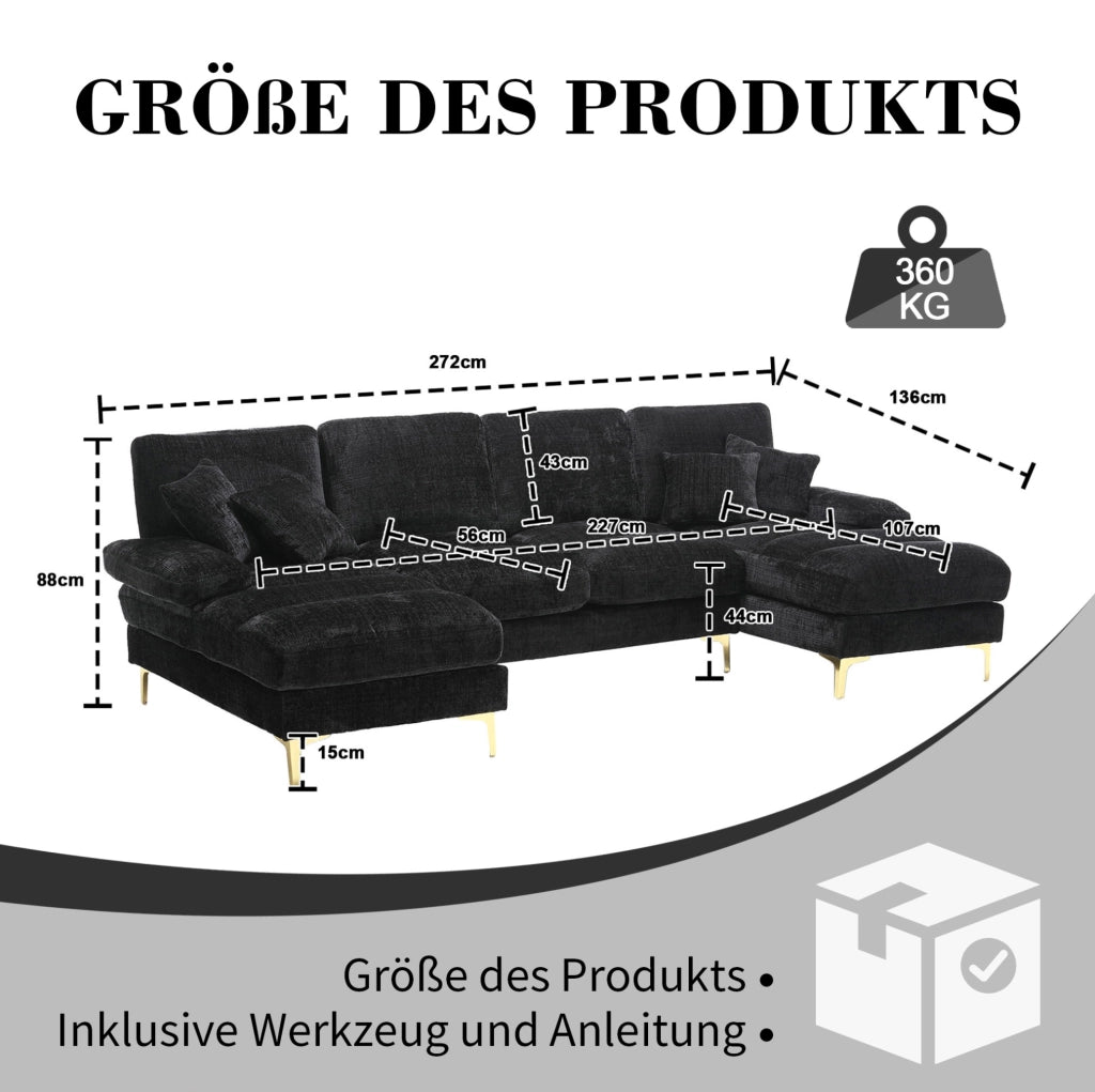 Divano a U in ciniglia nero con doppia chaise longue