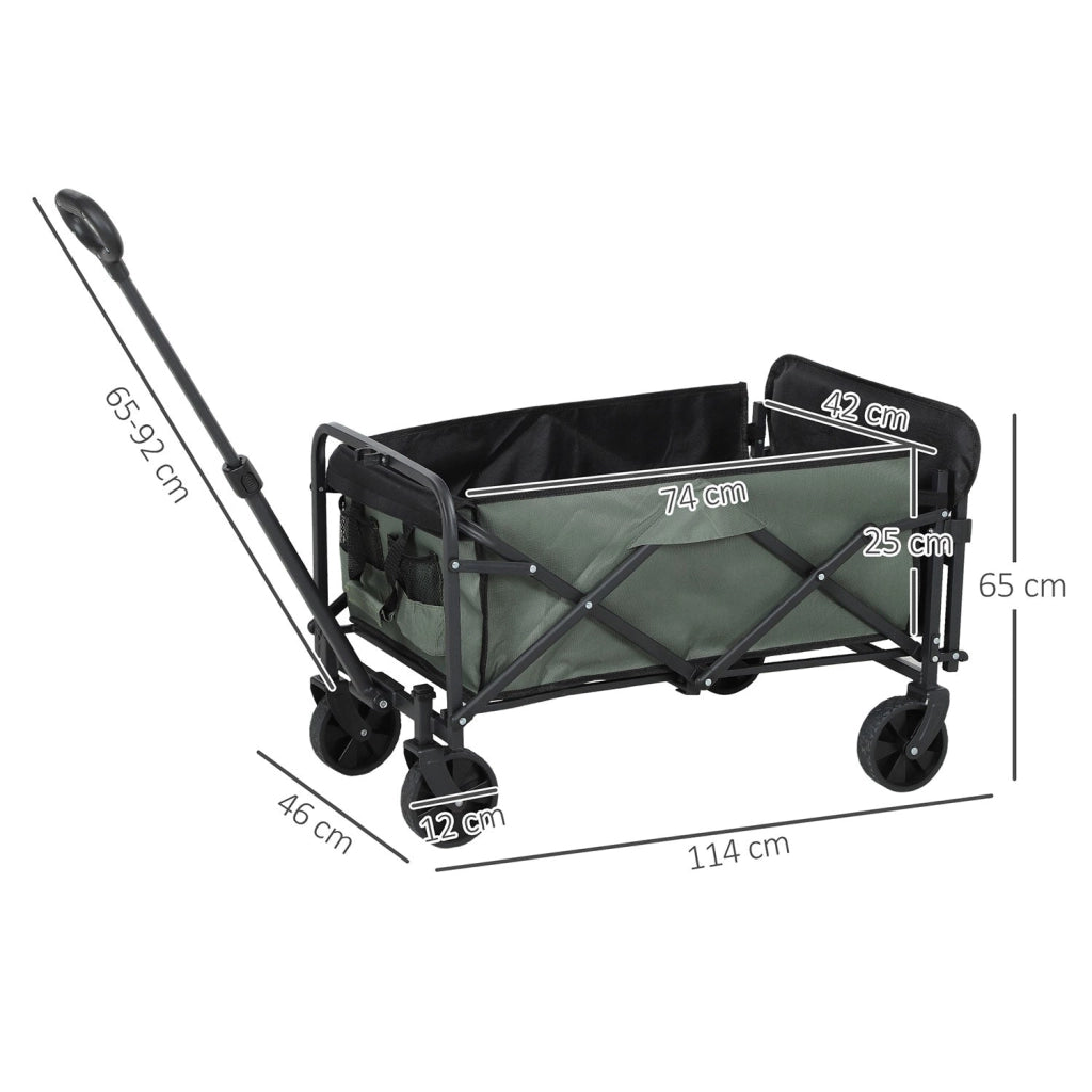 Carrello da Giardino 114x46x65-92 cm Capacità 72L Pieghevole con Pannello Apribile in Acciaio e Poliestere Verde