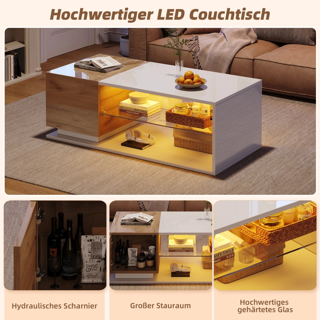 Tavolino basso LED con vano contenitore e ripiani laterali in legno e vetro bianco e rovere 105 × 50 × 36 cm