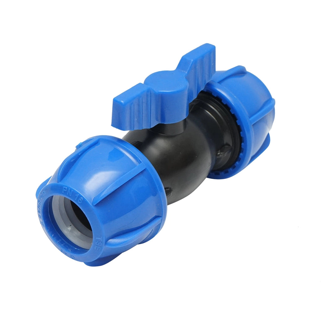 Rubinetto a sfera con giunto di compressione D40x40mm, PN16 per sistemi di irrigazione.