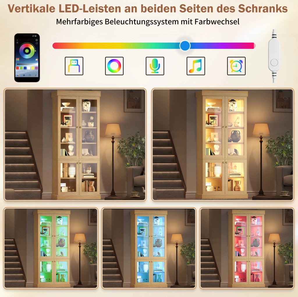 Armadio alto con LED multicolore, vetro e ripiani effetto legno