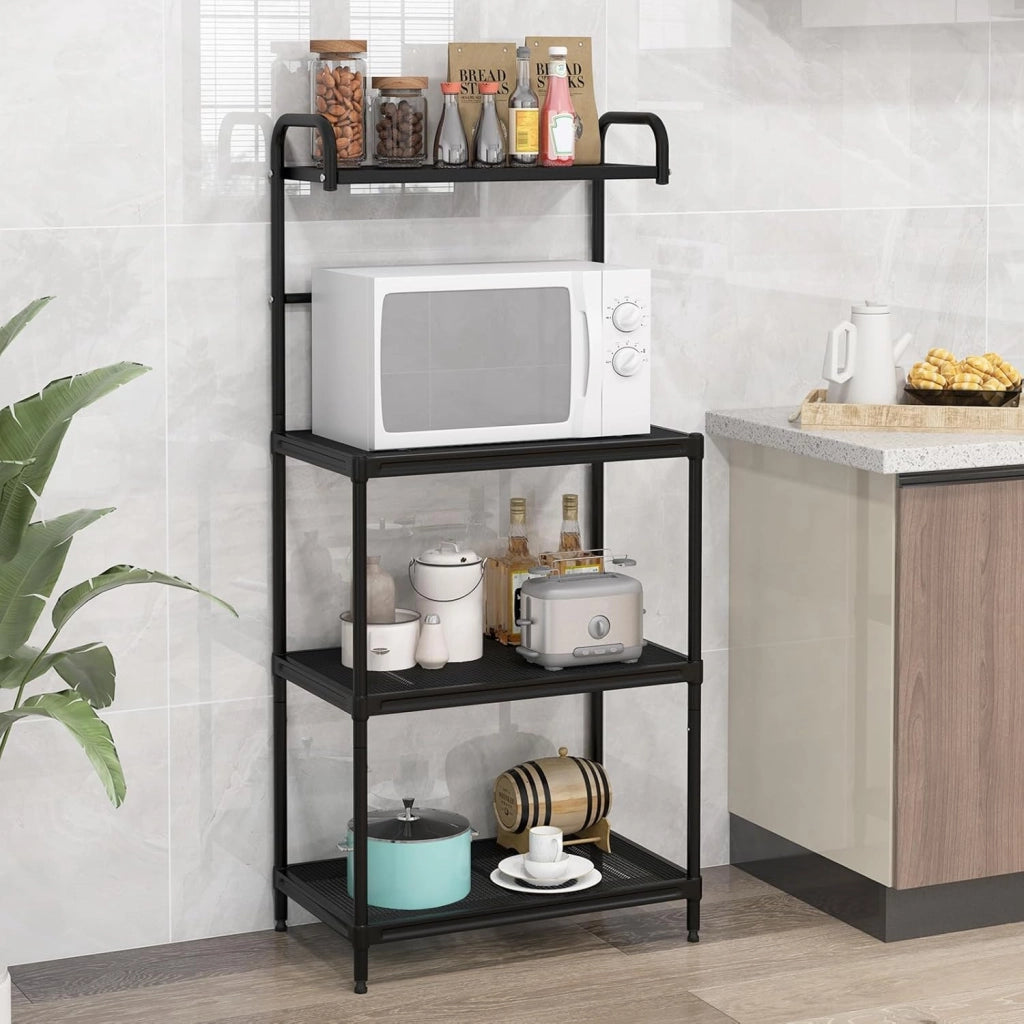 Microonde Scaffale da Cucina per Microonde in Metallo a 4 Ripiani, Carrello per Microonde Scaffalatura Organizzatore Portaoggetti, 60 x 34 x 136 cm (Nero)