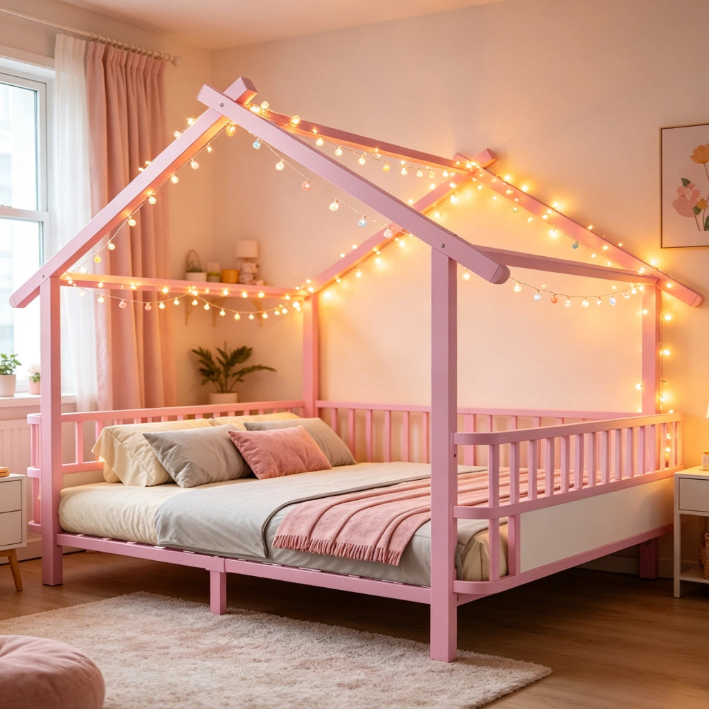 Letto per bambini in metallo con design a casetta 140 x 200 cm, rosa