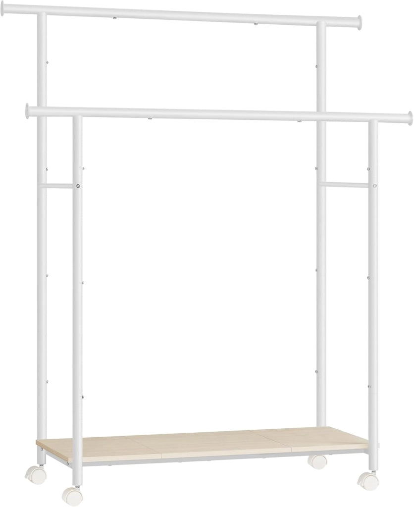 SONGMICS Stand Appendiabiti con Ruote, Attaccapanni Doppio con Ripiano, Largo 98,5 cm, Regge 100 kg in Totale, Struttura in Acciaio, Marrone Vintage e Nero Inchiostro HSR152B01