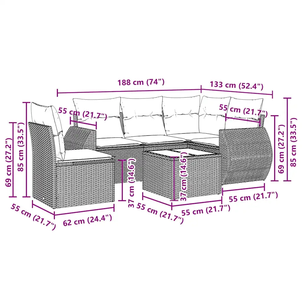 Set Divano da Giardino 6pz con Cuscini Grigio Chiaro Polyrattan
