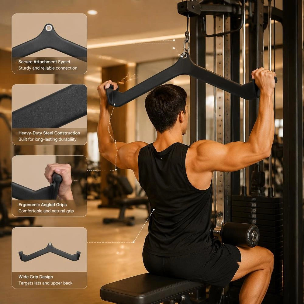 Lat Pulldown Attachment, Rowing V-bar Attachment For Cable Machine, Triceps Pull-up Bar, Rubber-coated Grip For Back Strength Training, Biceps Curl Triceps Lat Pulldown Bar, 550 Kg Load Capacity, Black