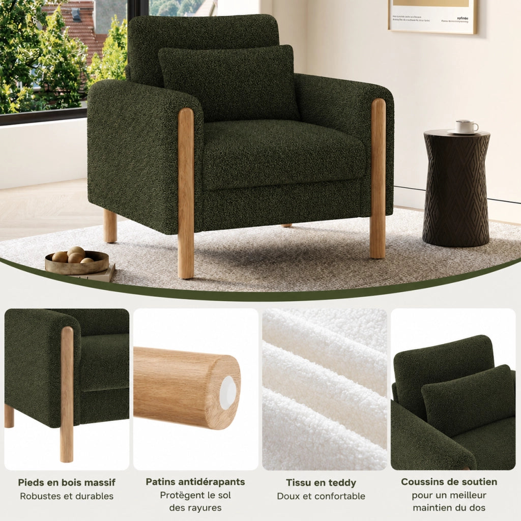 Poltrona 87x83x88.5 cm con cuscino spesso e struttura in legno; tessuto Teddy verde