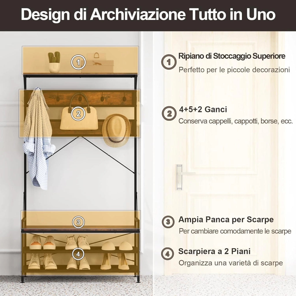 4 in 1 Appendiabiti da Ingresso, Armadio con Panca per Scarpe Scarpiera a 2 Ripiani, Struttura in Metallo e Kit Antivibrazione, 102 x 40 x 184 cm (Marrone)