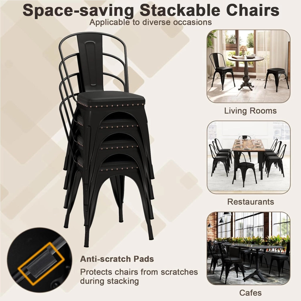 Set di 4 sedie da pranzo impilabili, da cucina, da bistrò, con schienale rimovibile, imbottite, da soggiorno, da pranzo, in metallo, portata 150 kg, 44 x 53 x 84 cm (nero)
