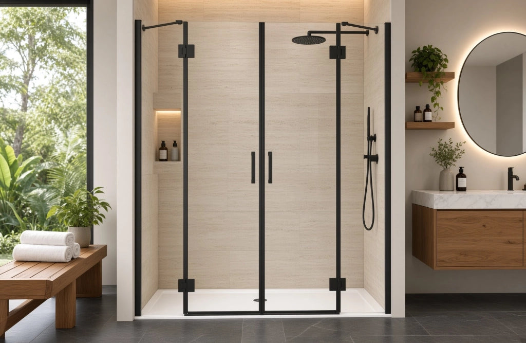 Nicchia Doccia 200 cm Saloon DOPPIO BATTENTE Cristallo Temperato 6mm Profilo NERO OPACO H200 cm LENA