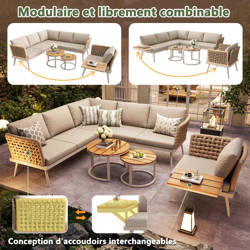 OKWISH Set da 5 Salotto da Giardino con 2 Divani, Poltrona e 2 Tavolini, Cuscini, Ferro Beige