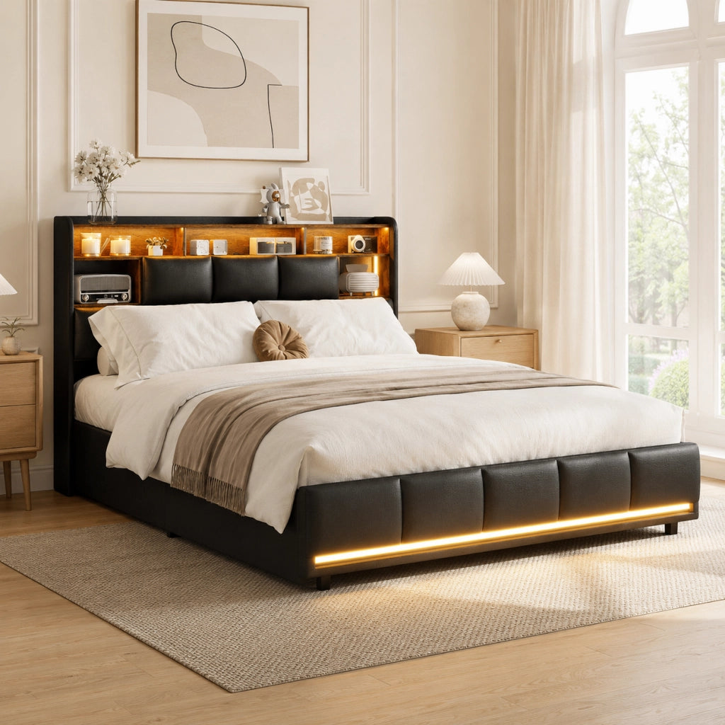 Letto matrimoniale con contenitore idraulico, testiera con vani, LED RGB, pelle sintetica nera, 160x200 cm, con porte USB e presa di corrente