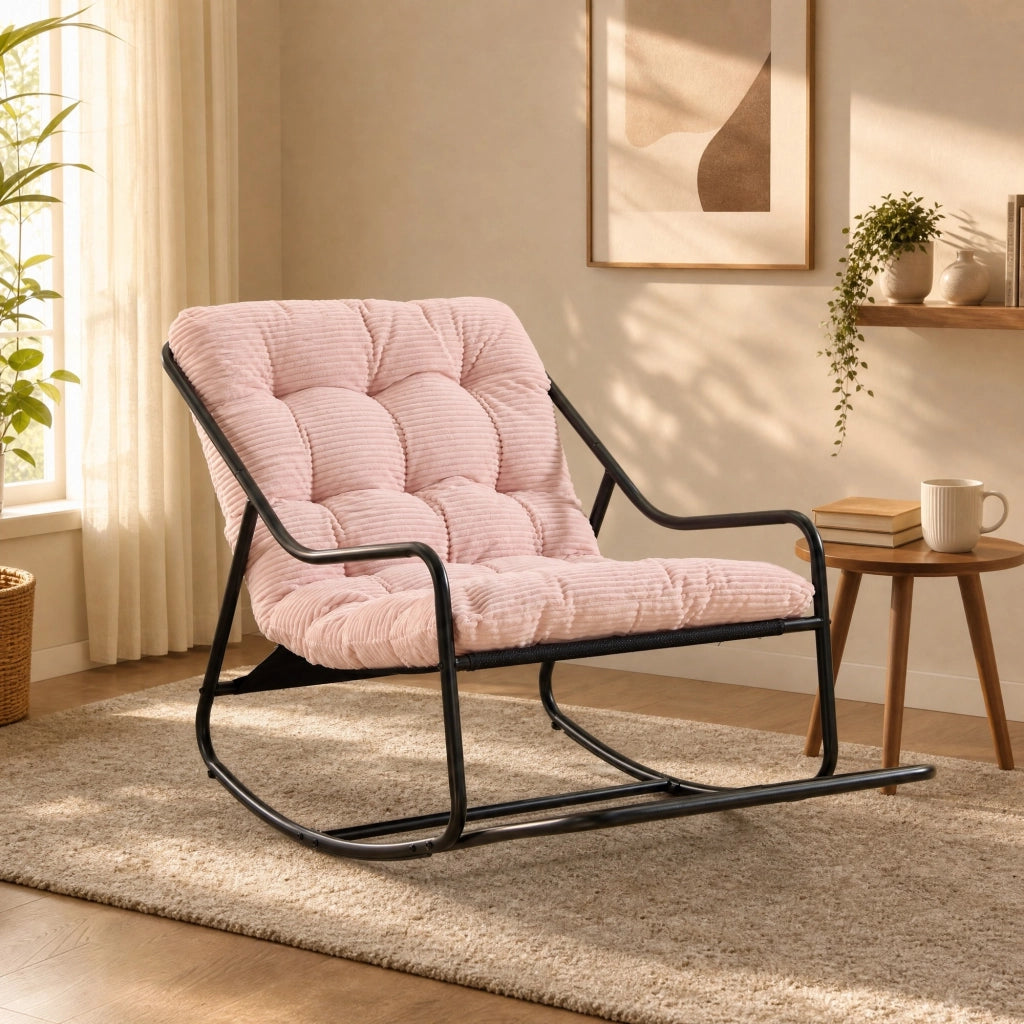 Sedia a dondolo da esterno con cuscino spesso; struttura in acciaio nero e seduta rosa 75x116x82 cm