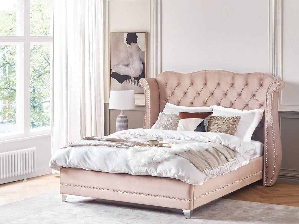 Letto in velluto color rosa 160 x 200 cm testiera alta decorata con bottoncini stile retrò e tradizionale