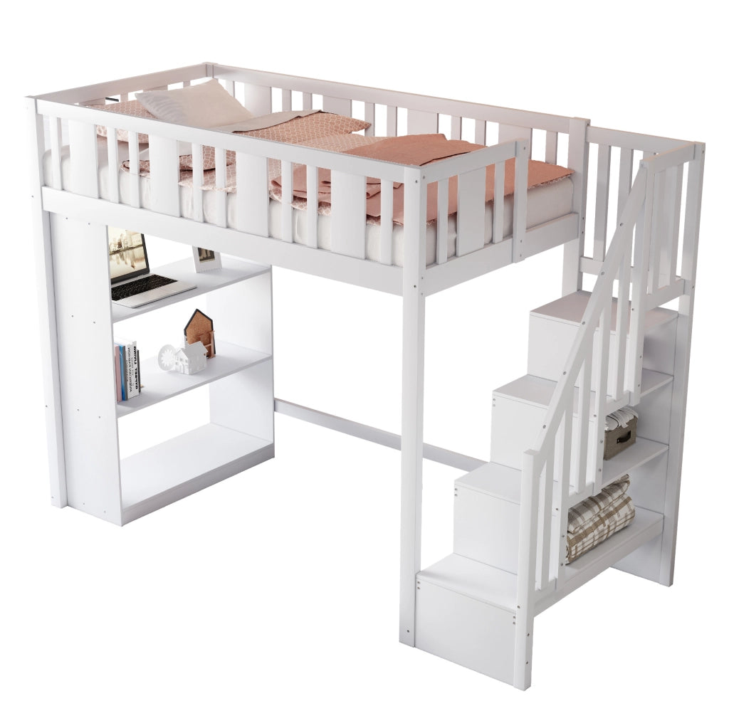 Letto a soppalco per bambini 90x200 cm con scala contenitore e 3 vani; bianco