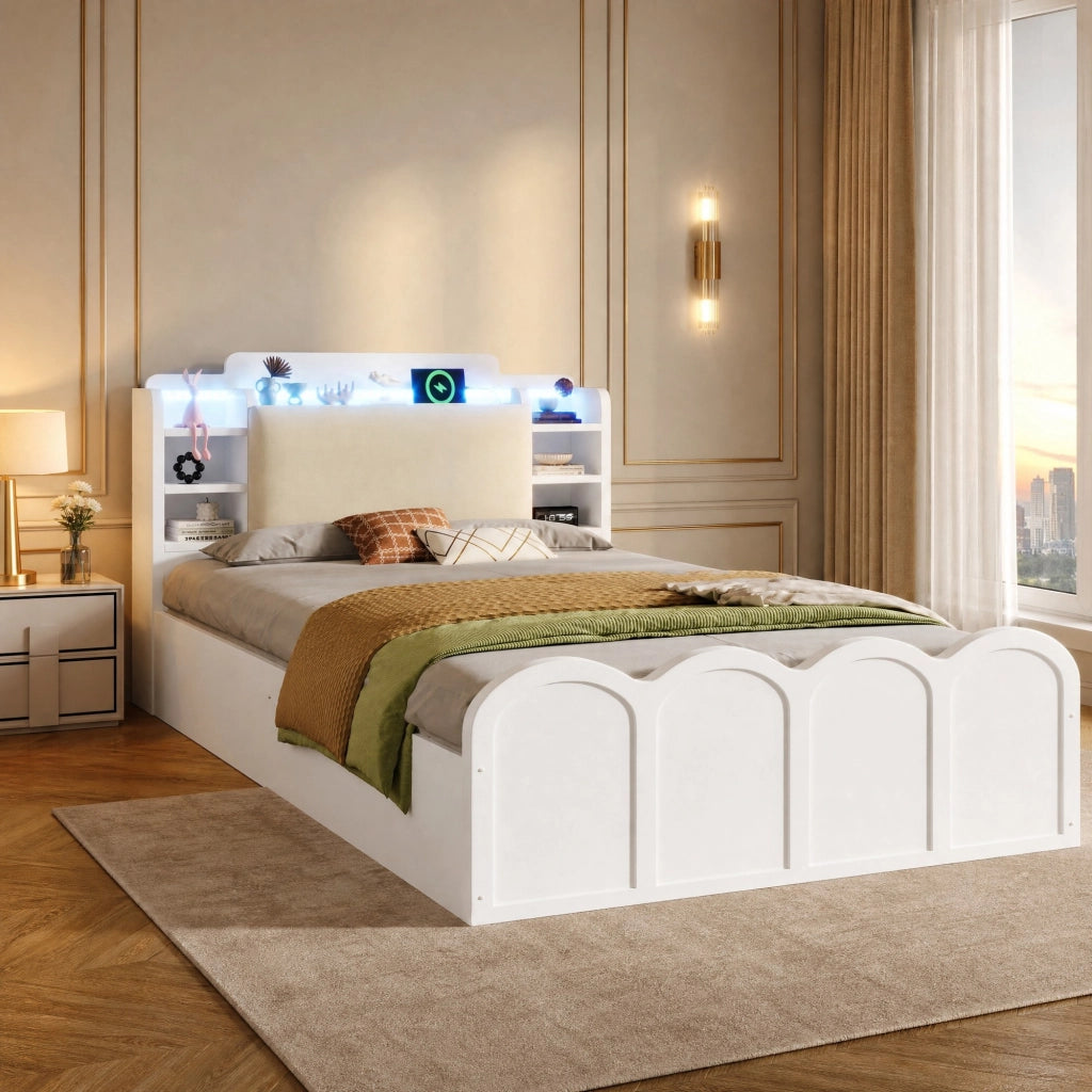 Letto singolo 90x200 cm con contenitore idraulico, LED e USB-C