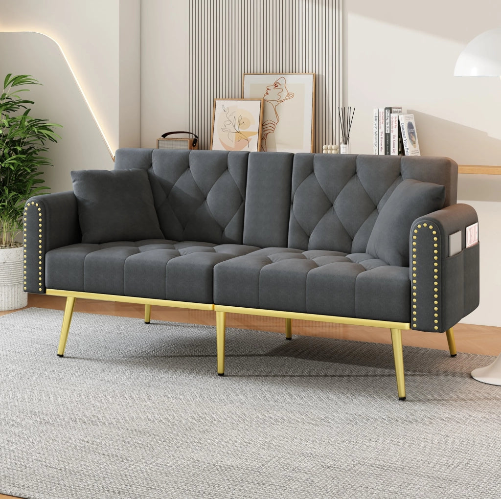 Divano letto 2 posti con schienale regolabile a 3 angoli e portabicchieri; velluto grigio; 175 cm