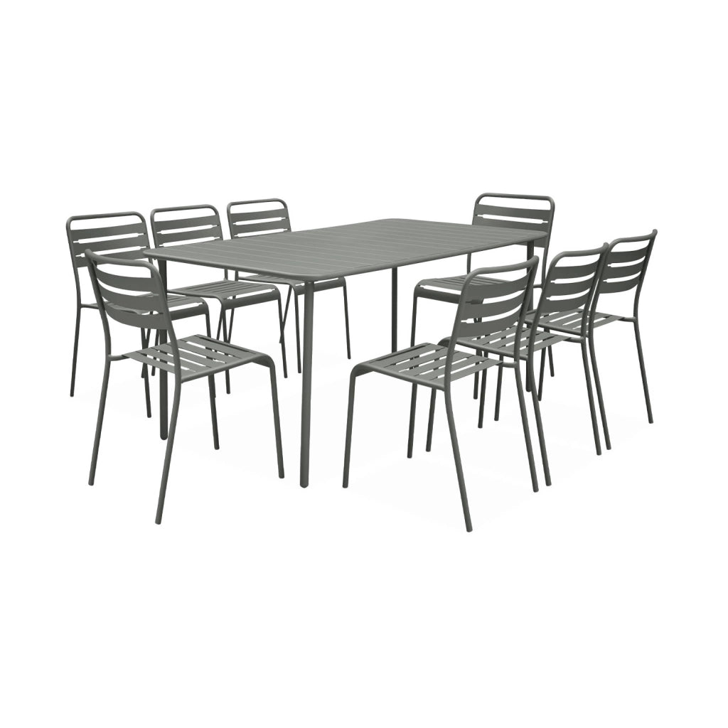 Set tavolo da giardino in acciaio con 8 sedie, 160cm, verde kaki