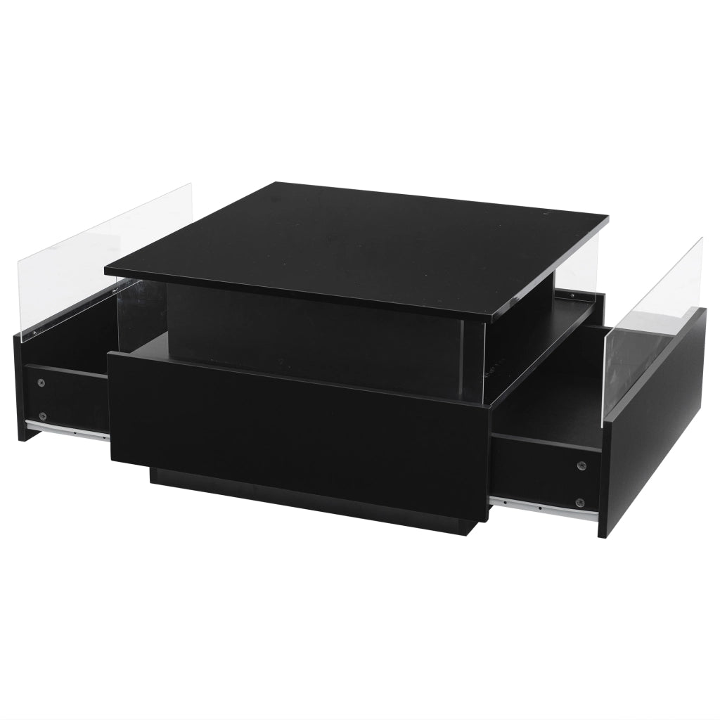Tavolino basso con 2 cassetti, LED e vano espositivo trasparente per soggiorno, in pannello truciolare, nero, 70 × 70 × 41 cm