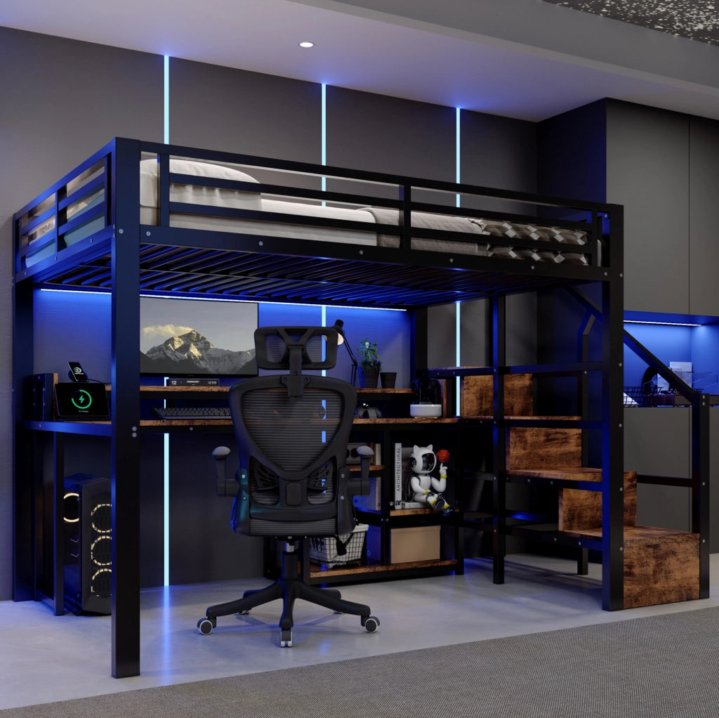 LETTO A SOPPALCO 140x200 cm Metallo e MDF Nero con LED, USB e USB-C